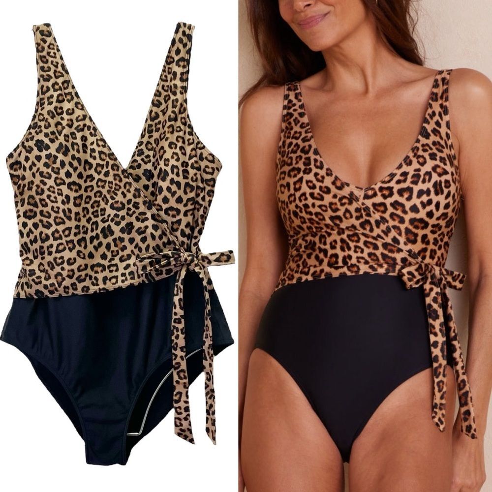 Summersalt Perfect Wrap One Piece Swimsuit Size 4 Leopard Black Tan UPF 50+